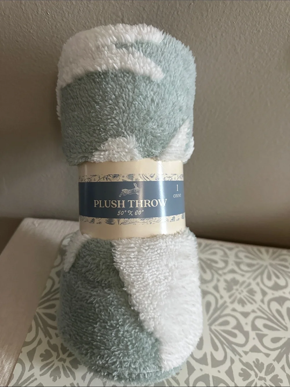 Plush Throw Blanket - Sage Green & White NWT